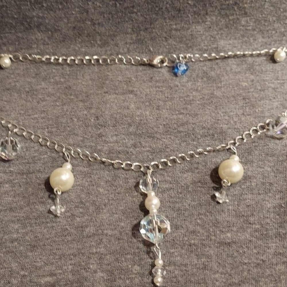 Dainty Pearl and crystals on silver tone chain